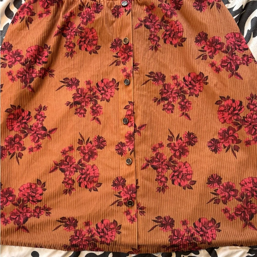 BloomChic 14/16 Brown Floral Corduroy A-Line Skirt Button Front Fall Skirt